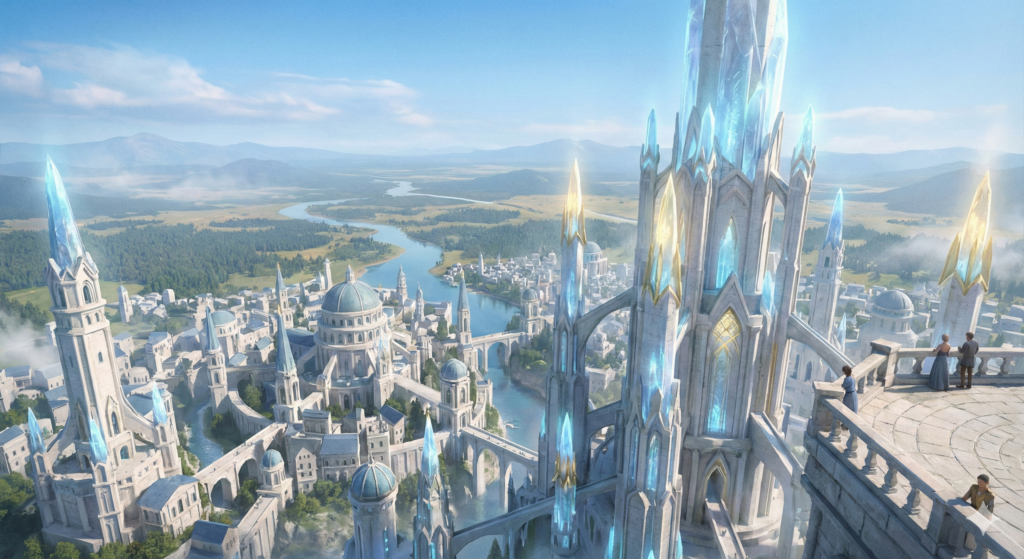 光の塔から見下ろした、街全体と周囲の大地の眺め