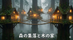 木々の間に建つツリーハウス型の森の集落。