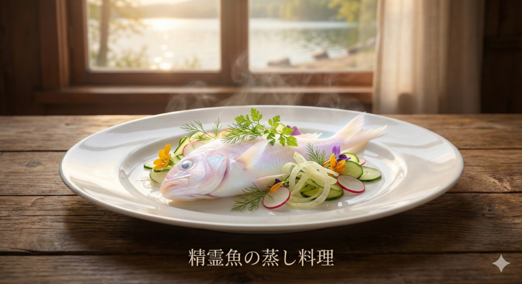 淡く光る精霊魚の蒸し料理がメインのテーブルカット。