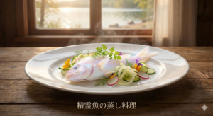 淡く光る精霊魚の蒸し料理がメインのテーブルカット。