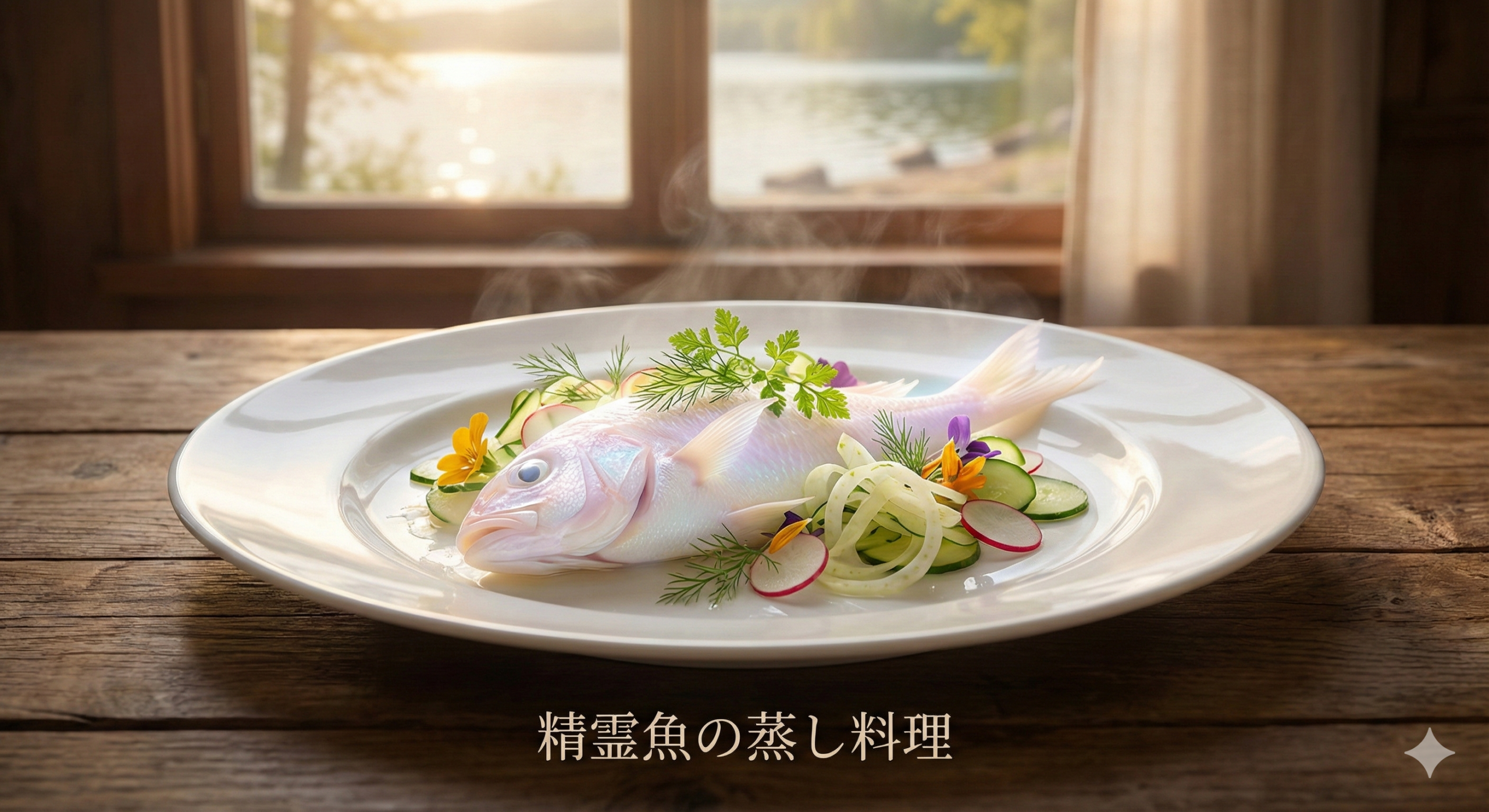 淡く光る精霊魚の蒸し料理がメインのテーブルカット。