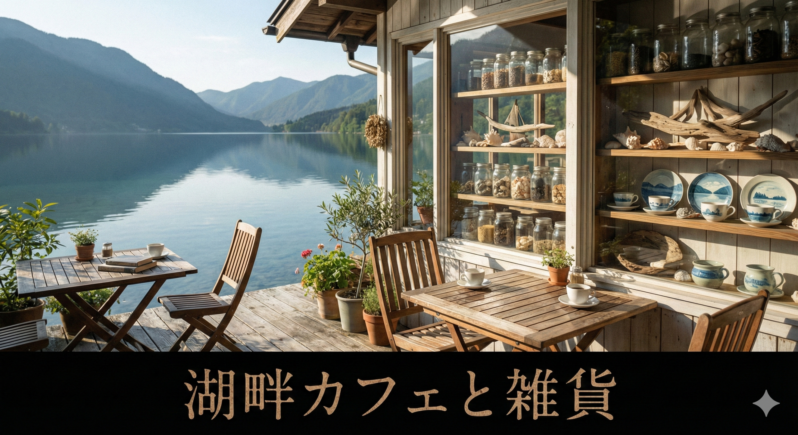 湖畔に面したカフェと、小さな雑貨コーナー。