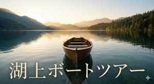 ルミナ湖を進む小さなボートと、その先に見える湖と空。