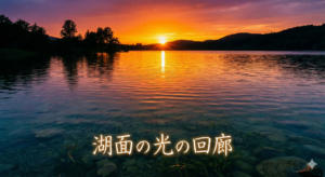 夕暮れ時、湖面に伸びる光の道のような反射。