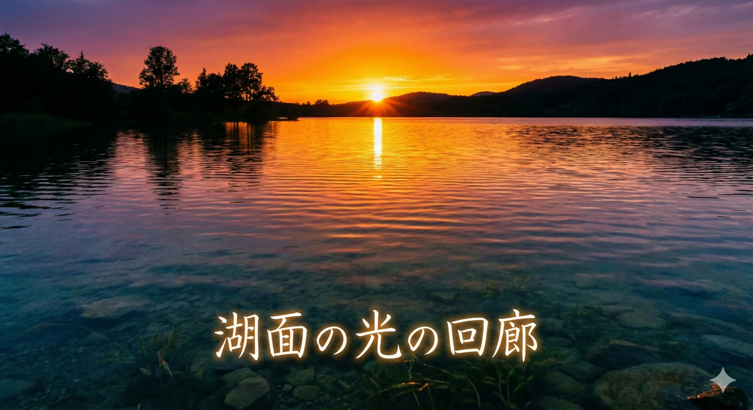 夕暮れ時、湖面に伸びる光の道のような反射。