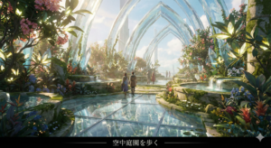 半透明の床と結晶アーチに囲まれた空中庭園から街を見下ろす風景。