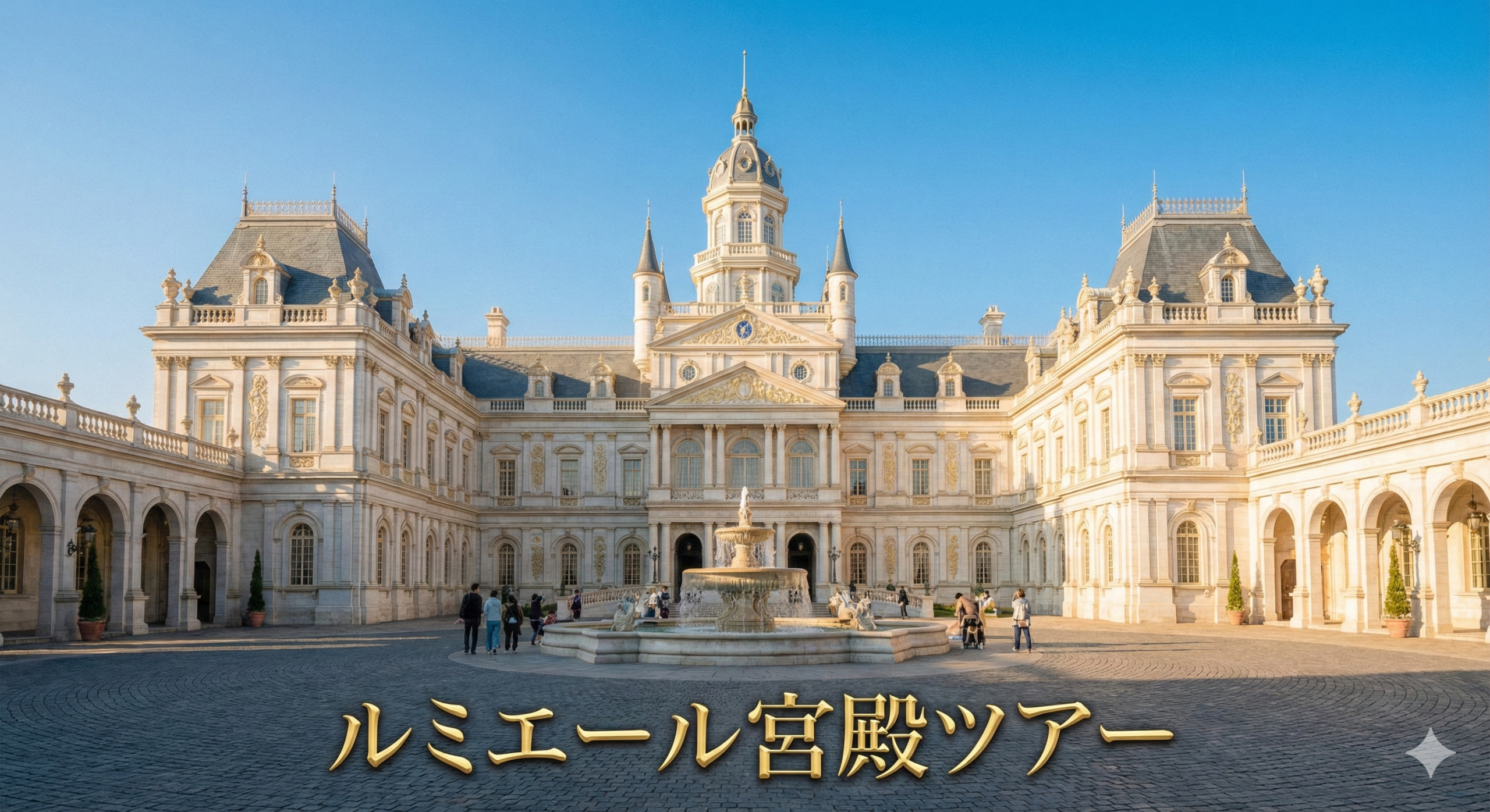 ルミエール宮殿の外観全景。白と金の装飾、前景に広場と噴水
