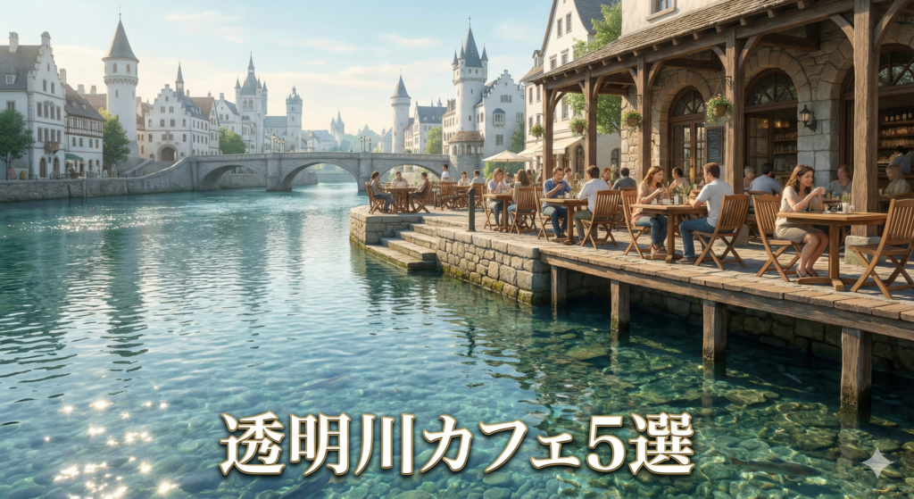 透明川沿いのテラスカフェ。川面と白い街並みが背景。