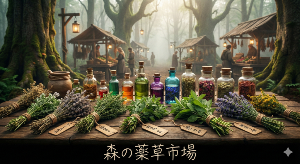森の薬草市場の屋台と並ぶ薬草・瓶詰め。