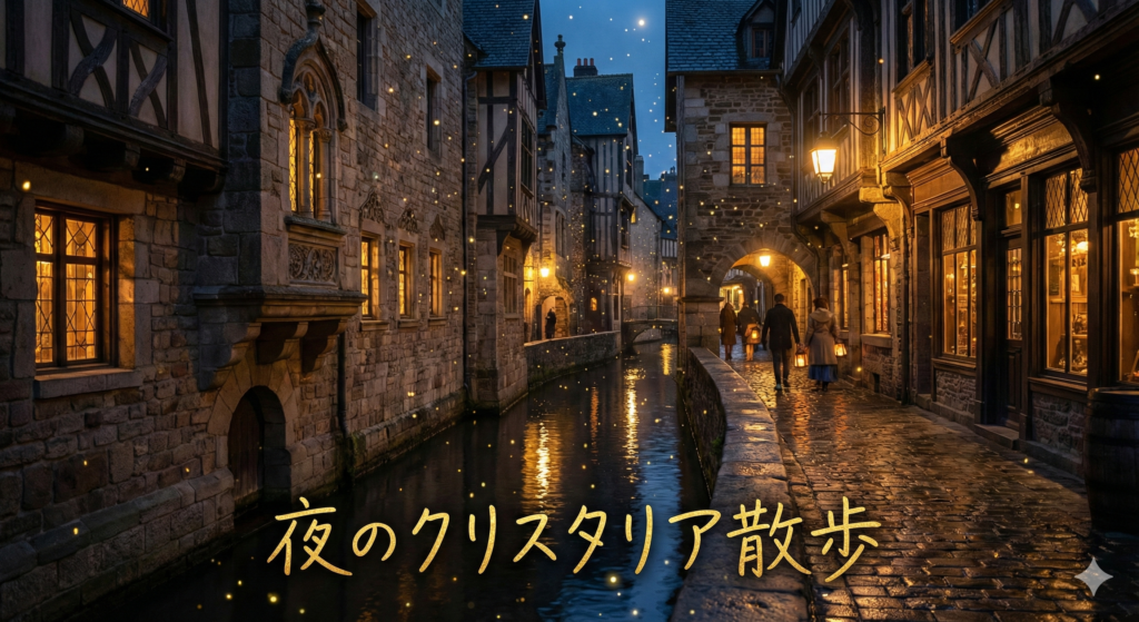 夜のクリスタリアの路地と運河。光の粒が空中を舞っている。