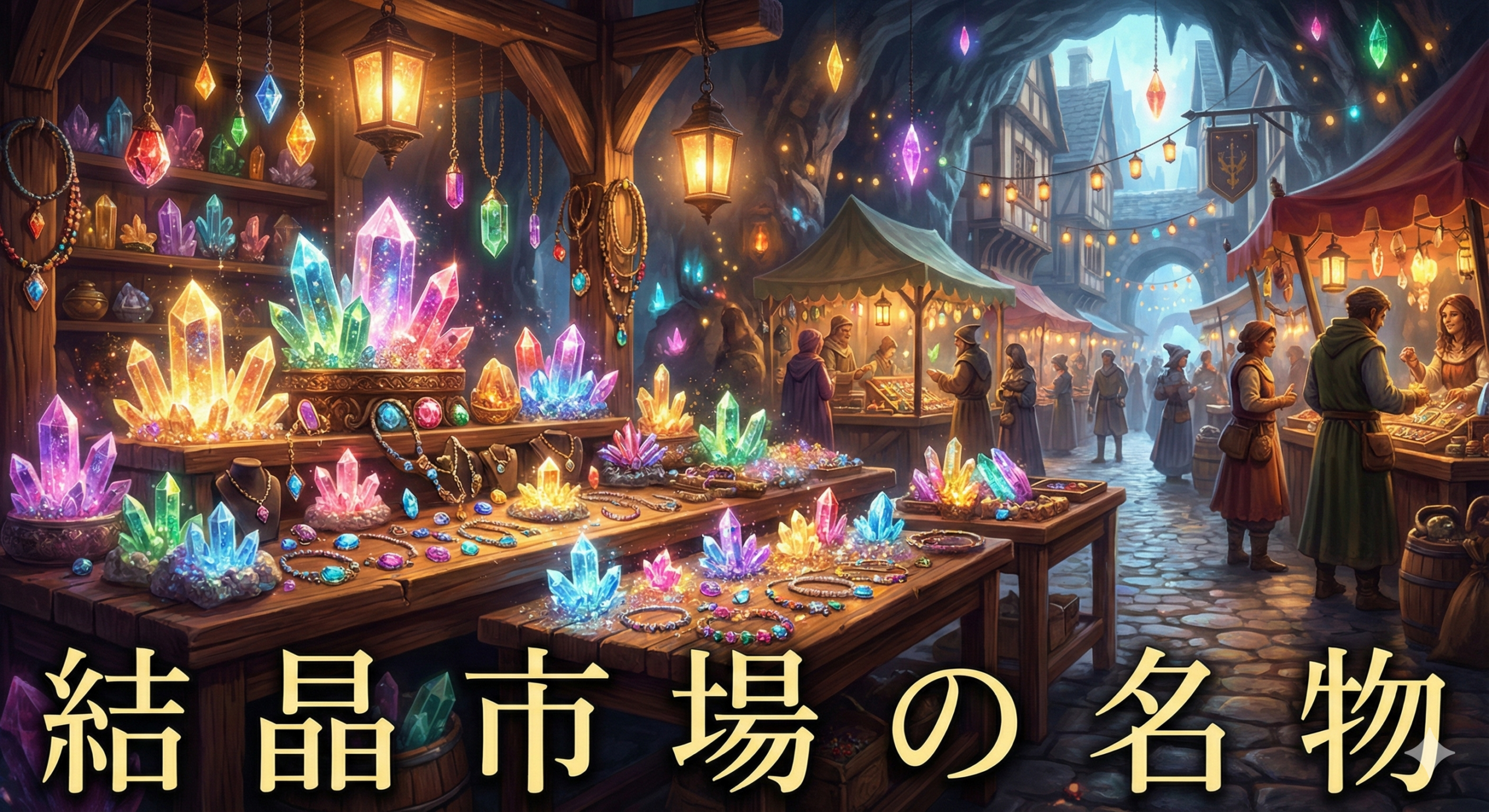 結晶市場の屋台に並ぶ色とりどりの光る鉱石とアクセサリー。