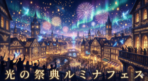 夜のクリスタリア全体が光で満たされた、ルミナフェスのクライマックス風景。