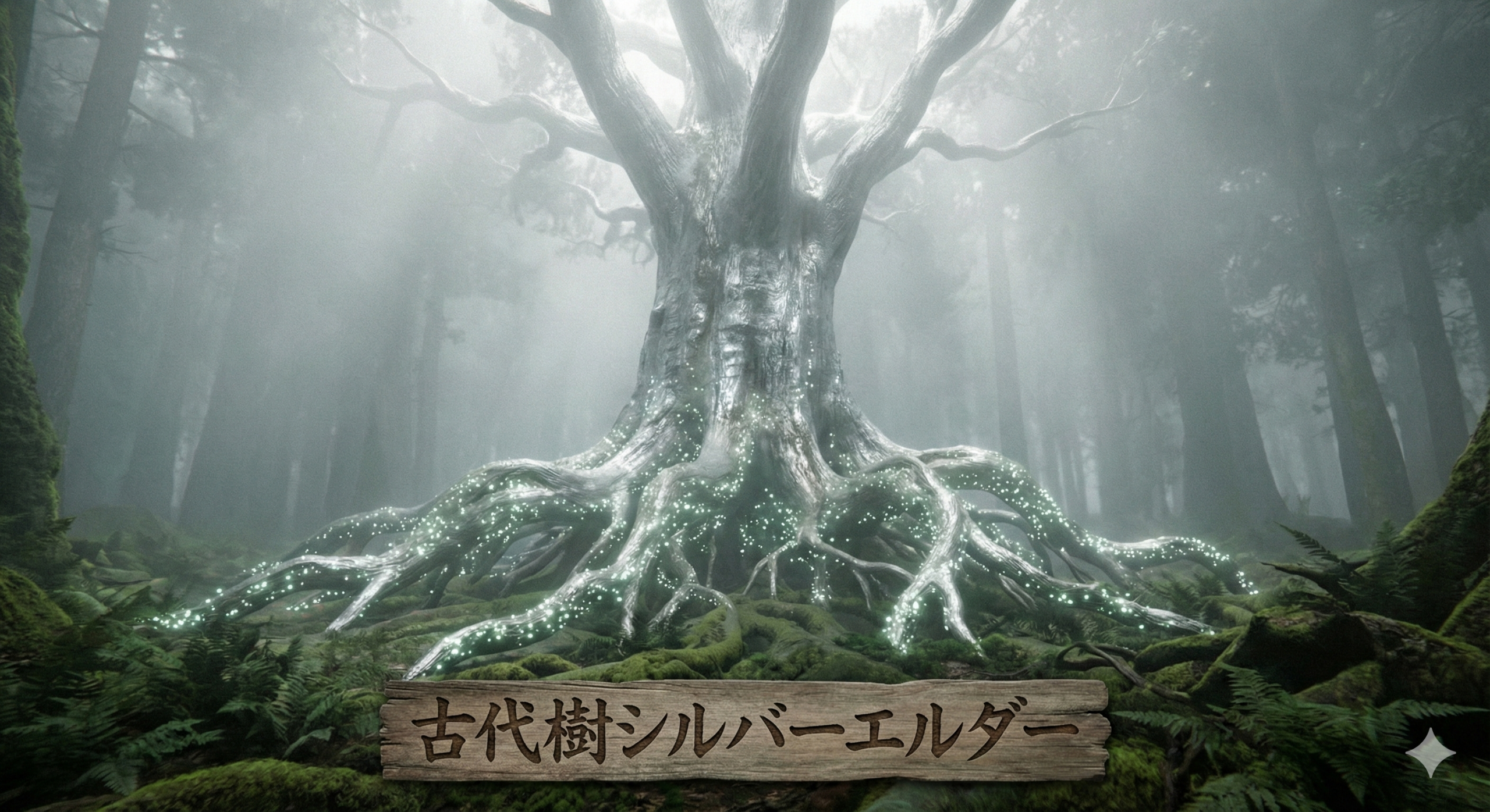 霧の中にそびえる巨大な銀の古代樹。