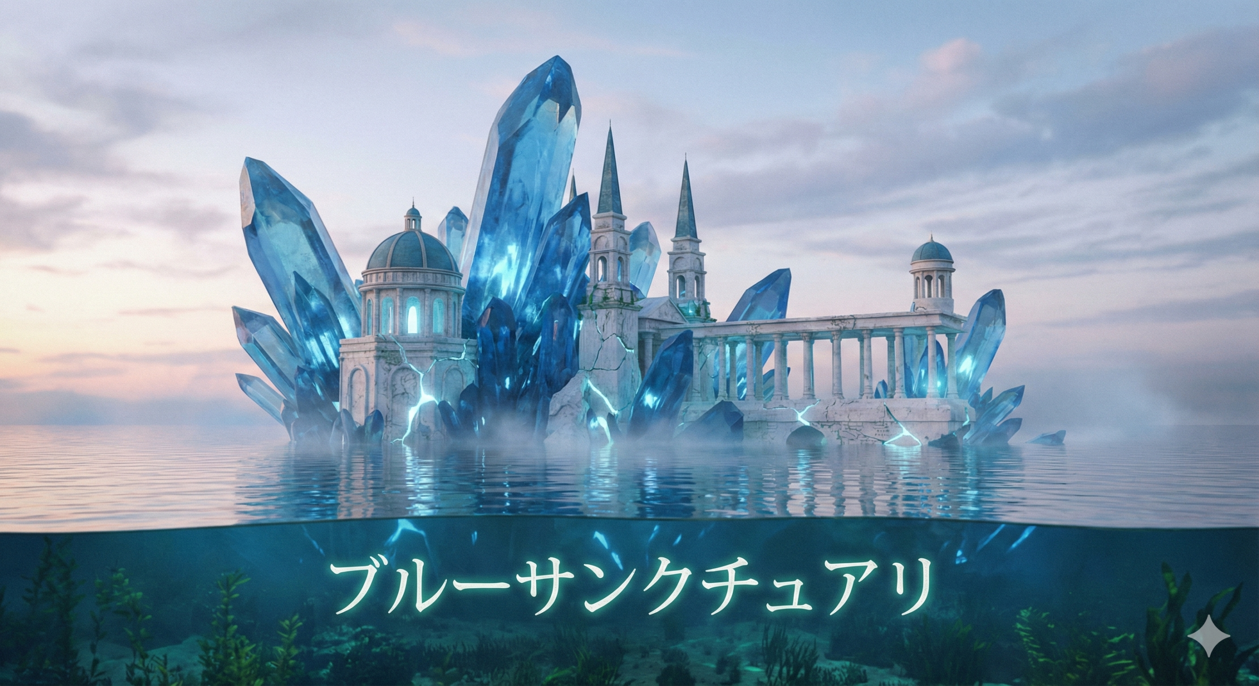 青く光る水の神殿「ブルーサンクチュアリ」の外観。