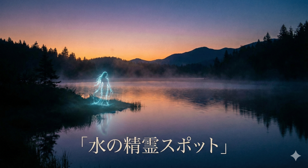 湖面近くに淡い光の姿が見える、少し不思議な湖畔の一角。