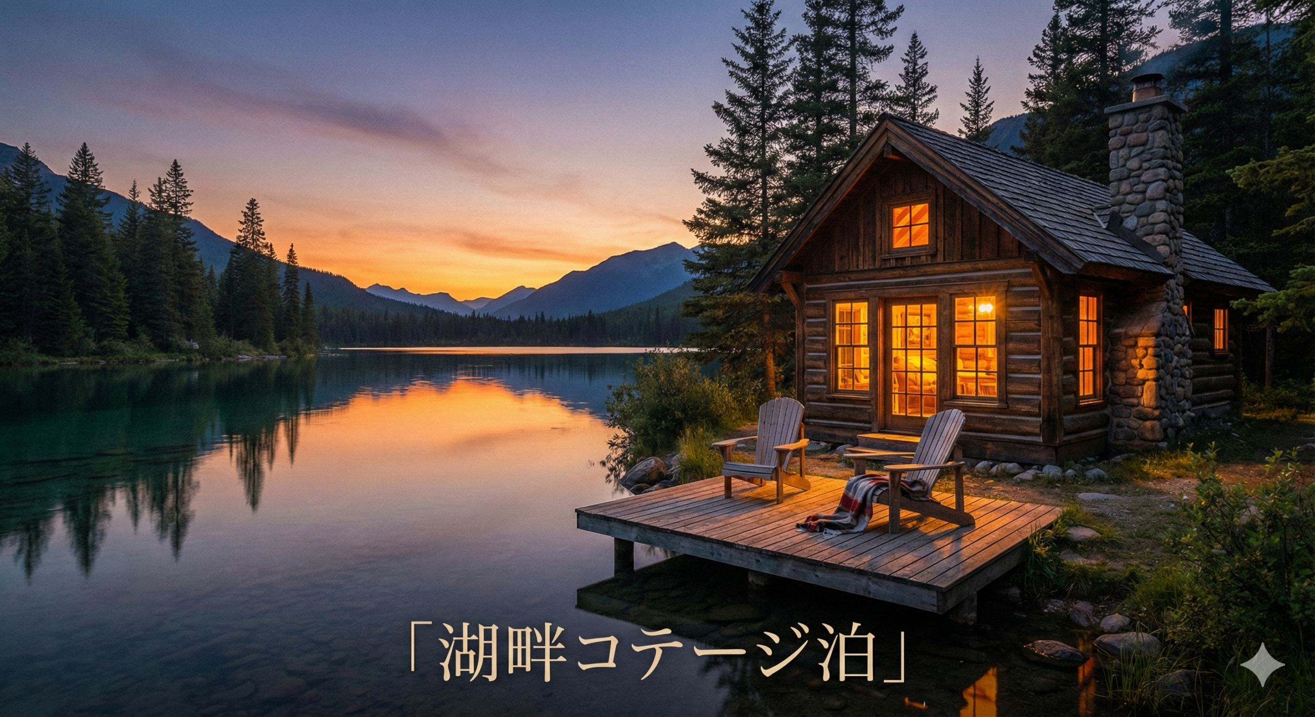 ルミナ湖畔に建つ木造コテージと湖の景色。