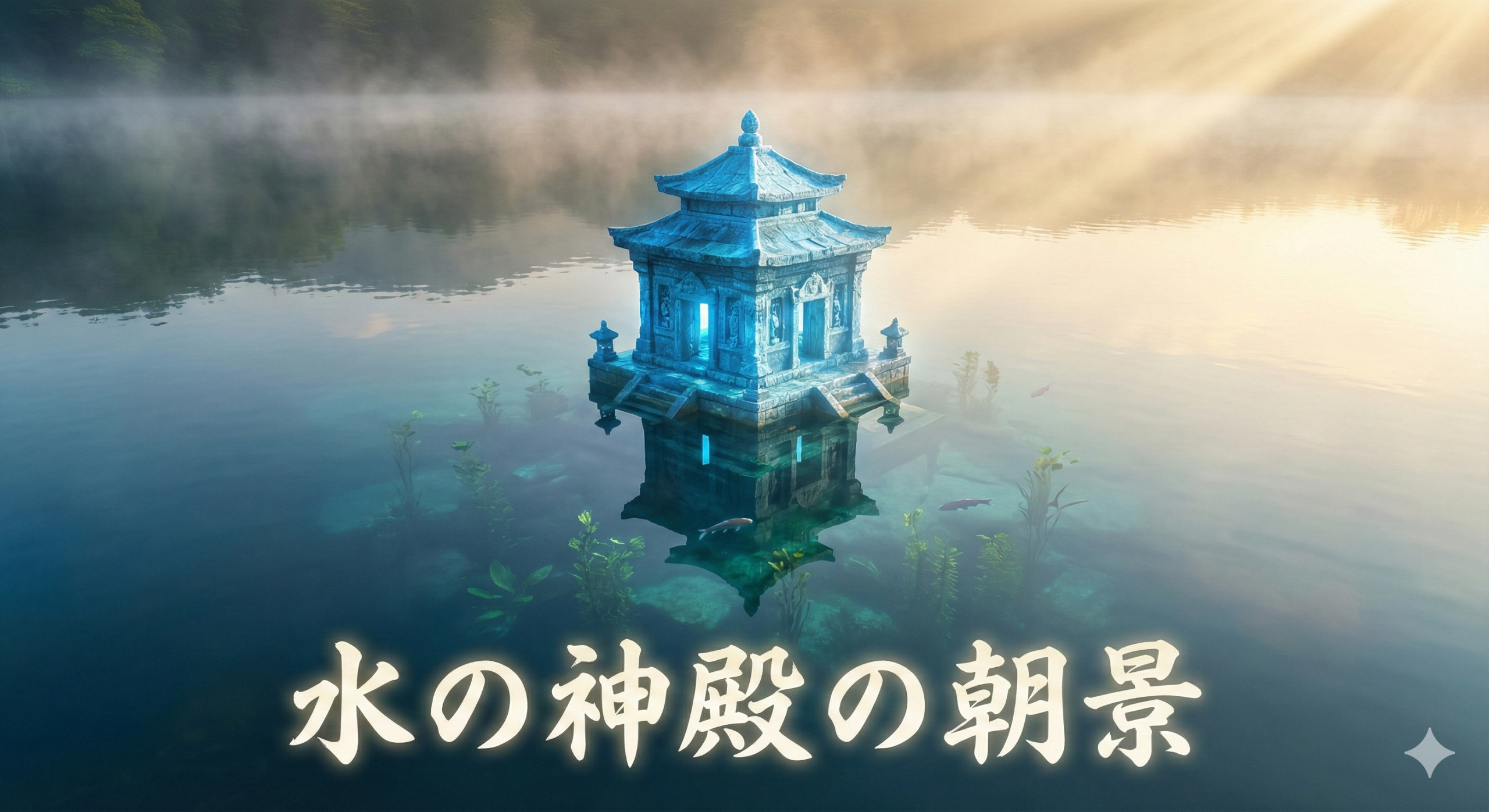 朝霧の中、ルミナ湖に浮かぶ青い水の神殿。