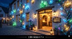 光る結晶で飾られたホテルの外観と、暖かなロビーの入口。