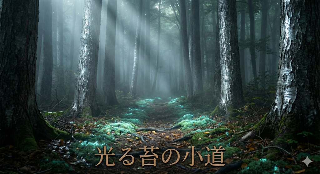 足元が淡く光る苔の小道。