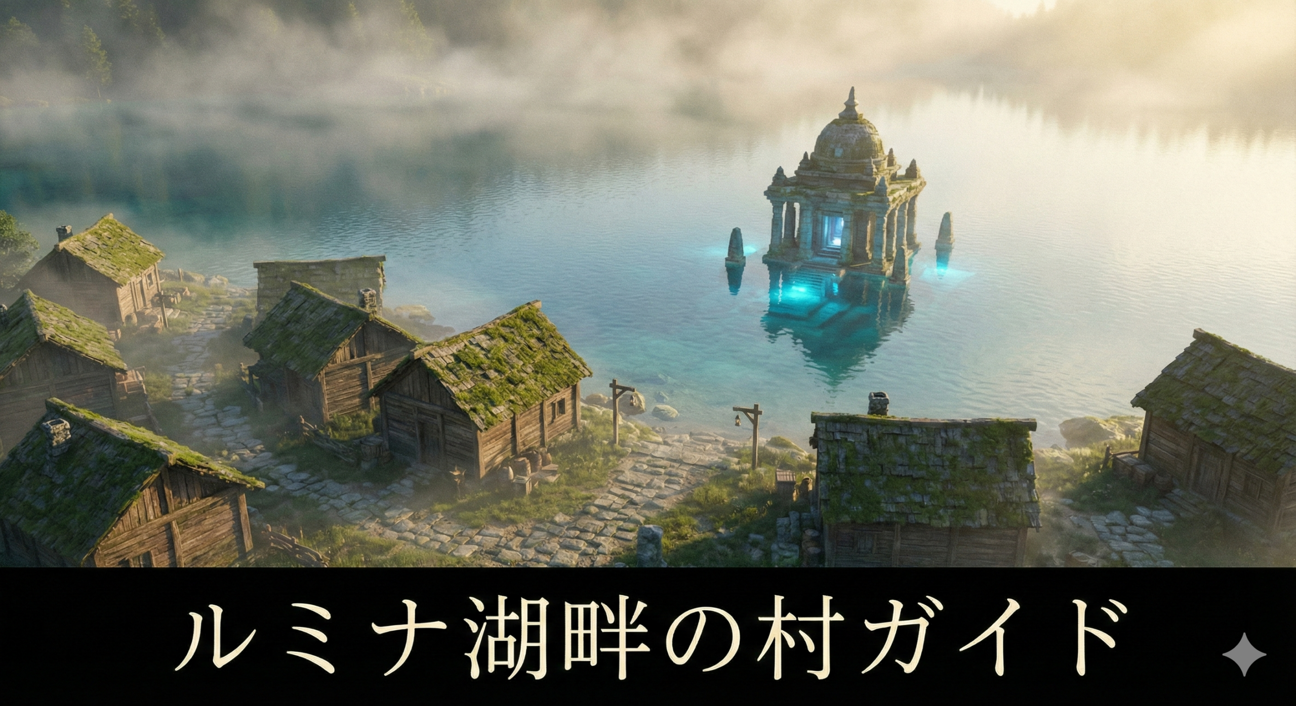 ルミナ湖と湖畔の村、中央に浮かぶ水の神殿を一枚に収めた風景。