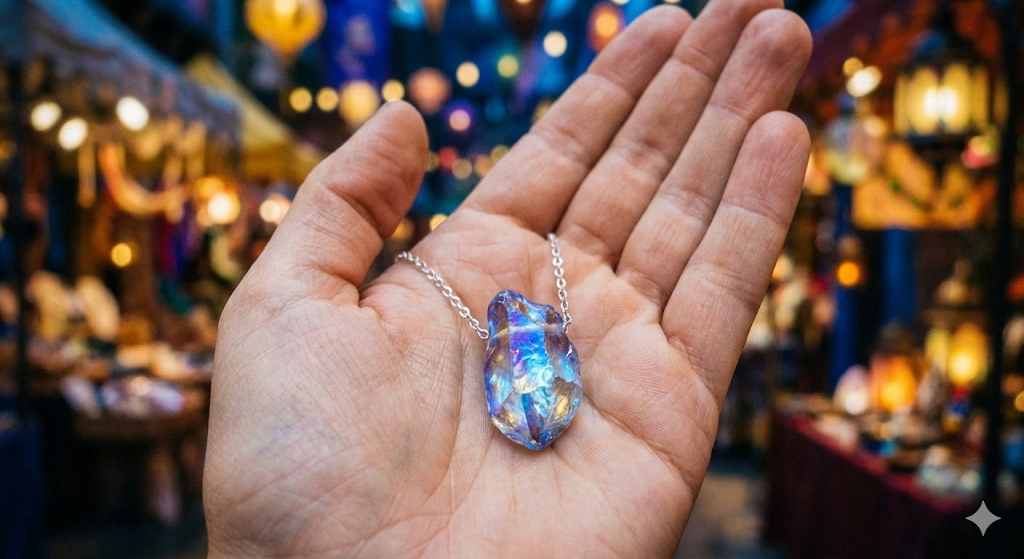 手のひらに載せた小さな光る結晶アクセサリーのクローズアップ。