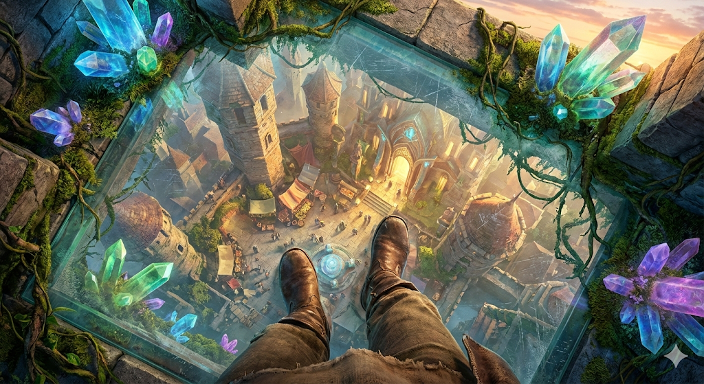 半透明の床の上を、街を見下ろしながら歩く旅人の足元と景色。