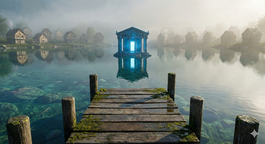 湖畔の桟橋から見た、村と水の神殿の眺め。