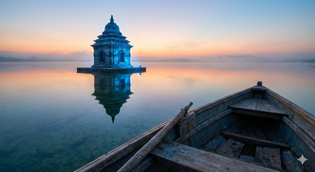 湖上から見た、水の神殿と朝焼け空。