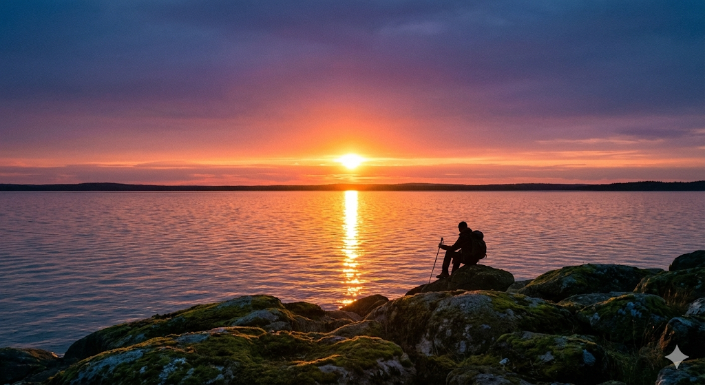 湖畔の岩場から見た、光の回廊と夕焼け空。