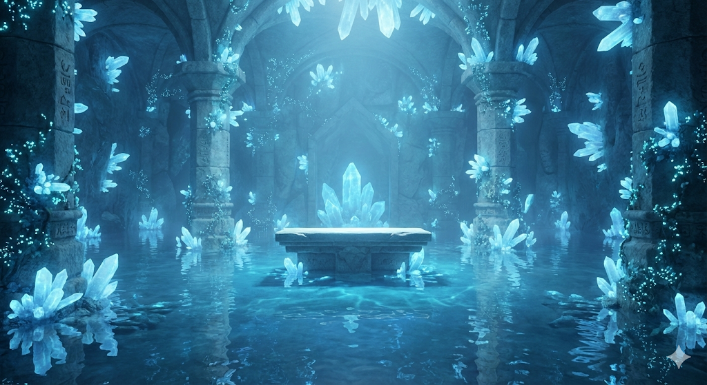 神殿内部の祭壇と、水面に映る青い光。