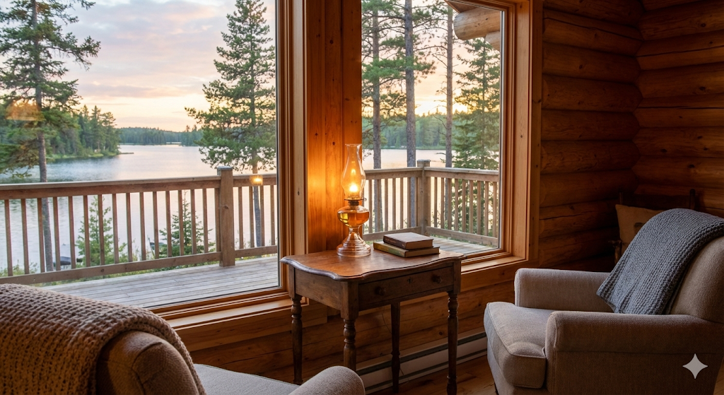 コテージ室内から窓越しに見える湖。