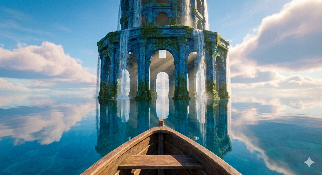 ボートから見上げる水の神殿と空。