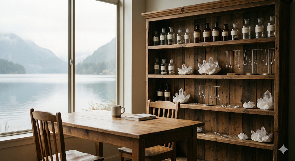 カフェの窓際席と、奥に見える雑貨棚。