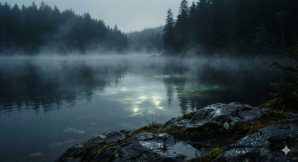 入り江の岩場から見た、薄い霧が漂う湖面。