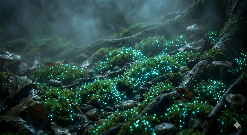 小道の足元の光る苔のクローズアップ。