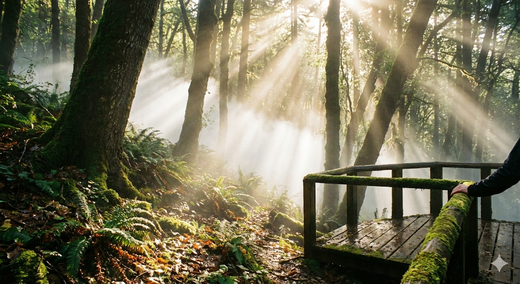 展望ポイントから見上げる朝の霧と木々。
