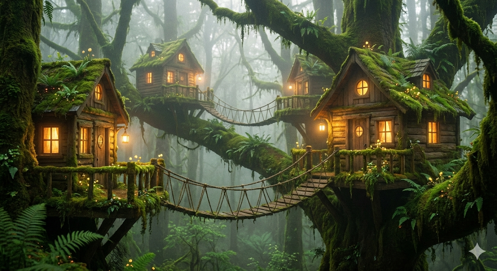 吊り橋でつながるツリーハウスの一角。