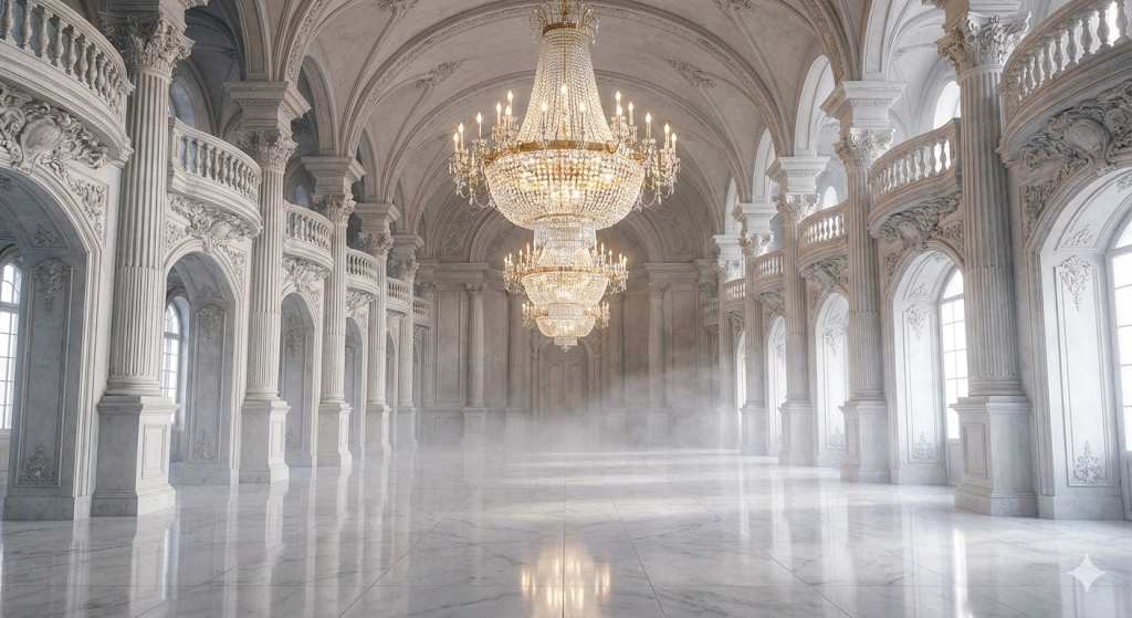 宮殿内部の大広間。結晶シャンデリアと光の反射が印象的なシーン
