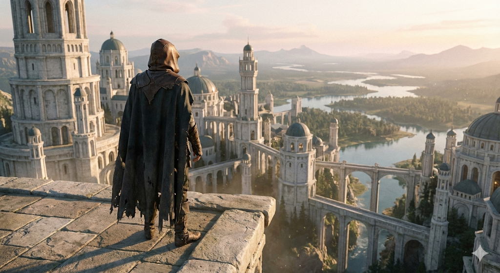 展望台の縁に立つ旅人の後ろ姿と、その先に広がる街と大地。