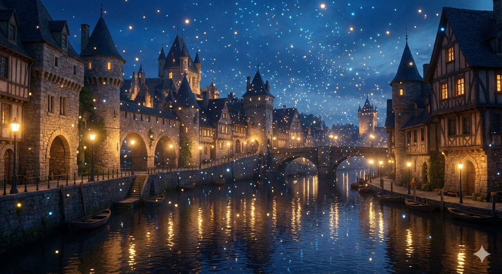 透明川沿いの夜景。水面と空中に光の粒が浮かぶ様子。