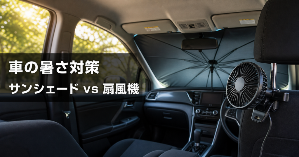 車の暑さ対策、サンシェードと車載扇風機はどっちがいい？実レビ アイキャッチ