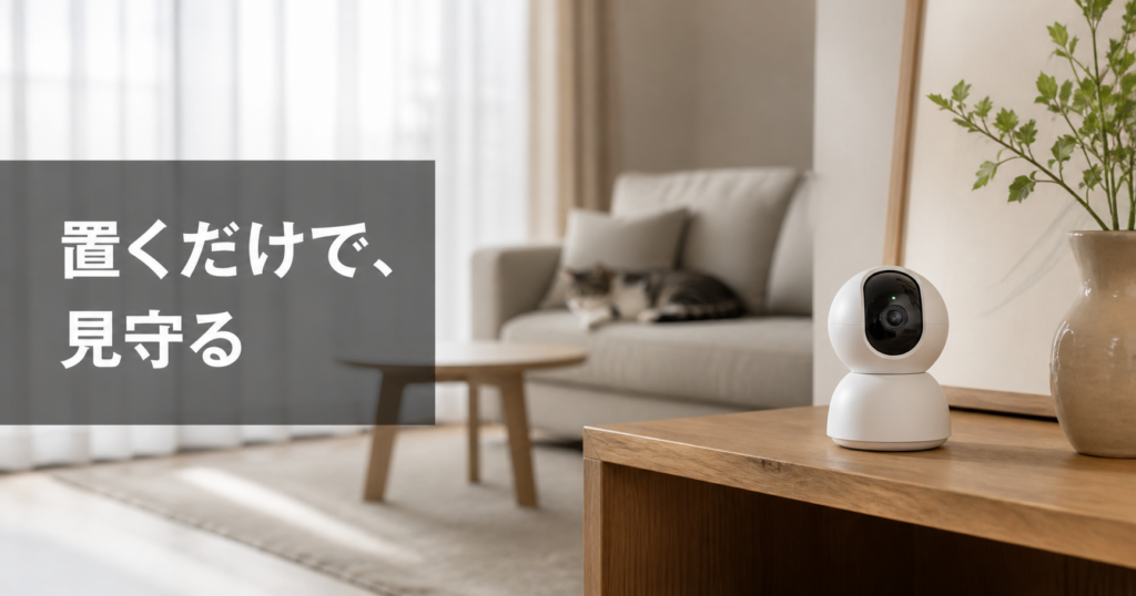 留守番中のペットを見守る！工事不要の置くだけ見守りカメラおす アイキャッチ